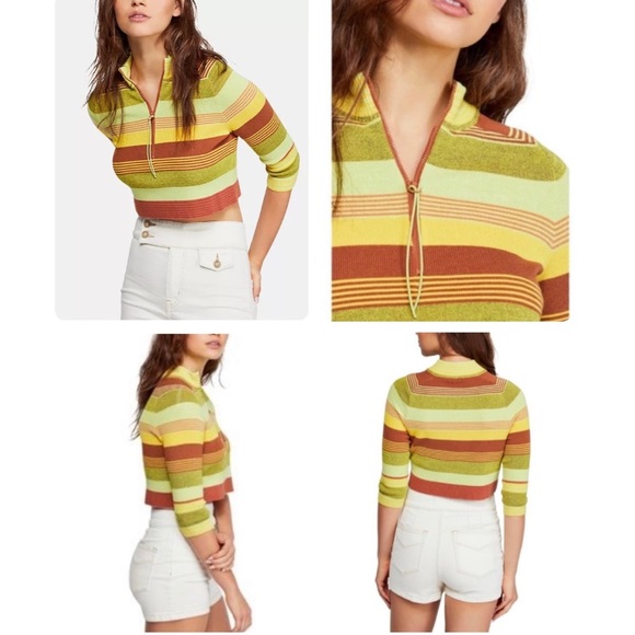 Free People Rip Tide Mockneck Quarter Zip Long Sleeve Knit Striped Crop Top XS - Picture 14 of 16